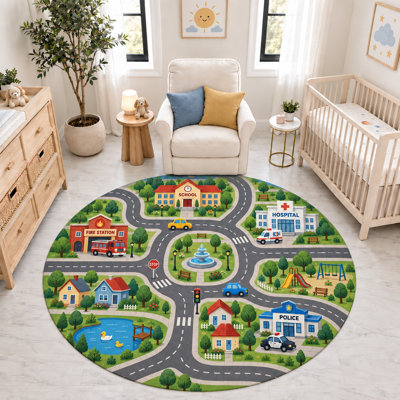 "Ultra Thin" 6' x 6' City Roads School Hospital Round Area Rug, Soft Low Pile Indoor Rug and Non-Slip Silicone Backing Carpet for Nursery, Kids Room and Playroom