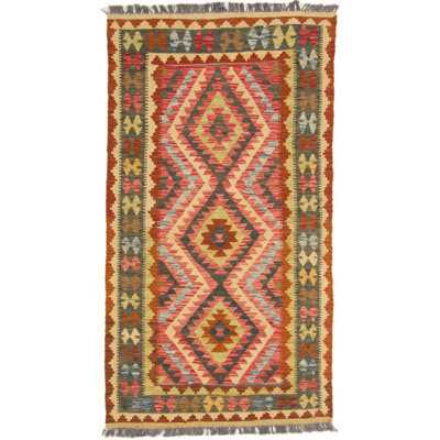Rectangle 105 cm x 195 cm Geometric Wool Hand Woven Kilim