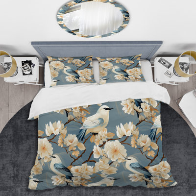 Beige And Blue Bird Flower II Floral Duvet Cover