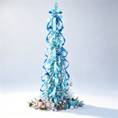 5ft Pop-Up Slim Christmas Tree with Pre-Strung Warm White LED Lights, Ribbon & Ornament Decorations, 4-Prong Plastic Base, Easy Assemble Narrow Xmas Tree for Small Spaces, 4 Color Options