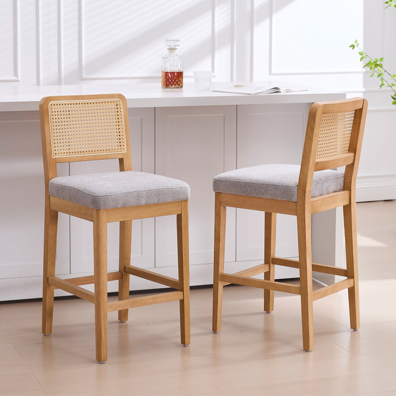 Upholstered Counter Stool with Solid Wood Frame, Grey Chenille, Natural