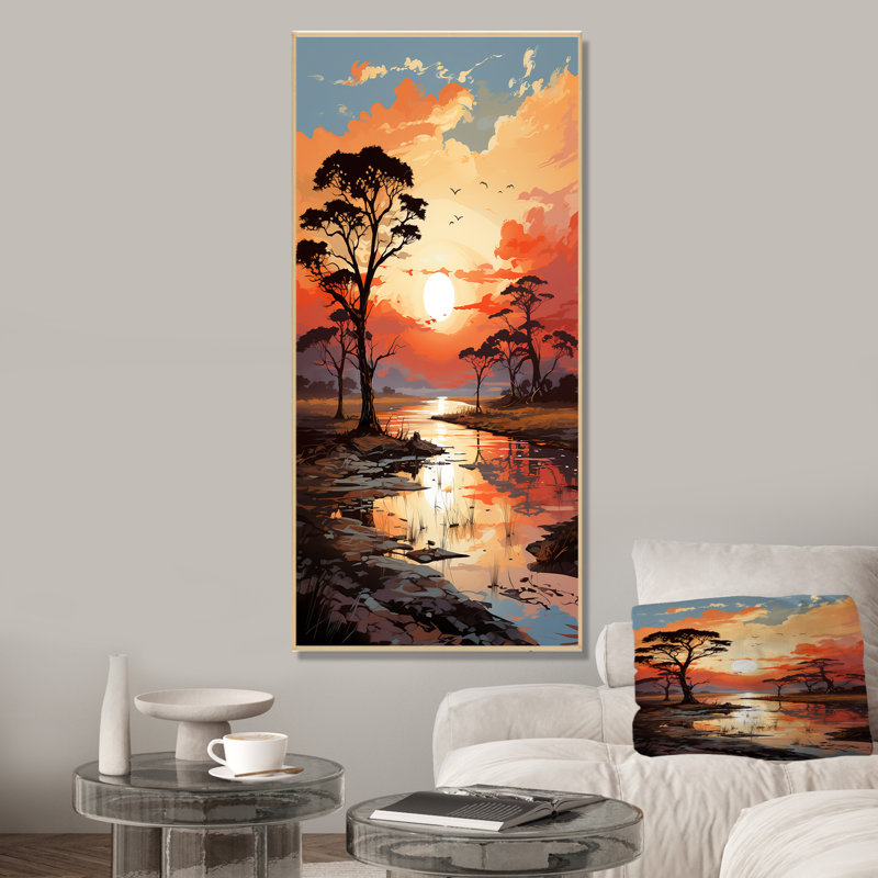 Coucher de soleil africain, savane, harmonie I - arbre, art mural africain, Cadre flottant brun, H 60 po x l 28 po x P 1,5 po