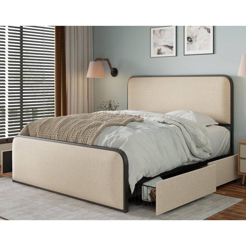 Lit avec 4 tiroirs de rangement, cadre de lit moderne en métal avec tête et pied de lit rembourrés courbés, Grand lit