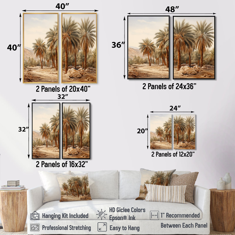 Palmier, oasis du désert - impressions sur toile traditionnelles, Black, 36" H x 48" W, Impression encadrée flottante