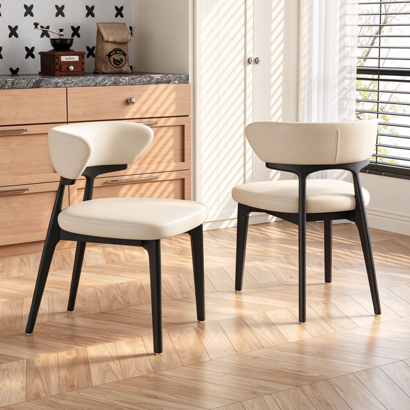 Modern Fully Assembled Dining Chairs Set of 2, Beige Faux Leather with Solid Wood Legs, Beige, Black