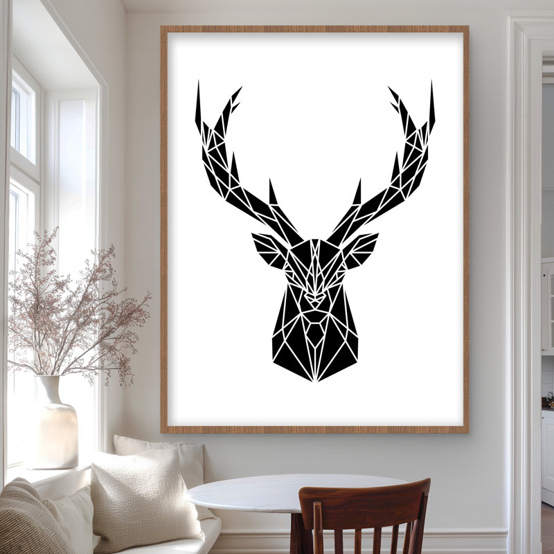 Geometric Deer Head Print | Black & White Framed Decor