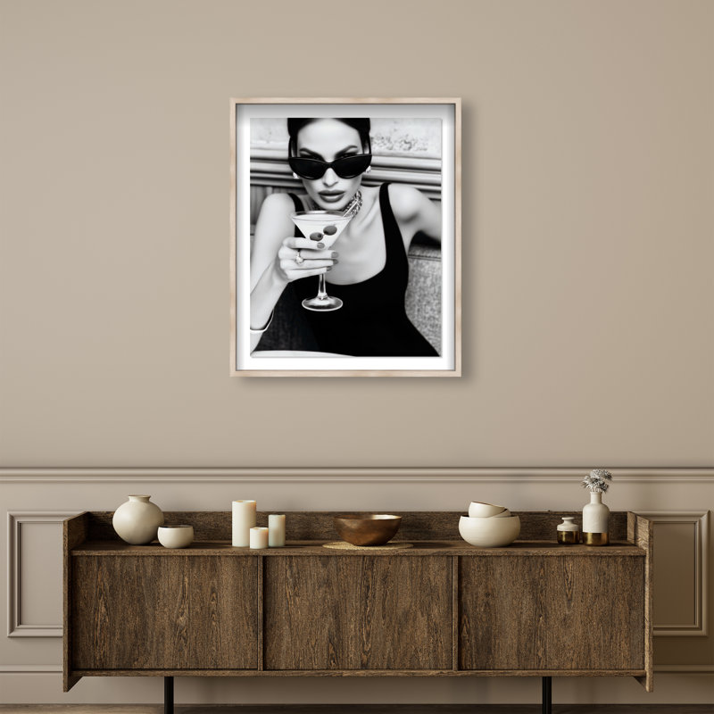 Midnight Sip Framed Graphic Art, 25.5"H x 21.5"W, Natural Oak Shadowbox