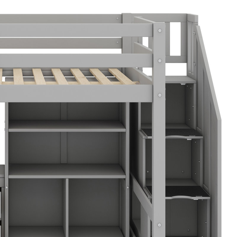 Lit mezzanine avec bureau en L, tiroirs, armoire et escalier de rangement