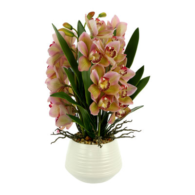 Arrangement floral orchidée avec pierres en pot en céramique
