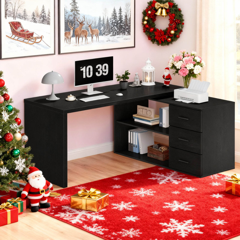 360° Rotating L Shaped Computer Desk With 3 Drawers And 2 Shelves, Home Office Swivel Desk For Work, Reversible Wood Corner Desk With Storage Cabinet, 55 Inch