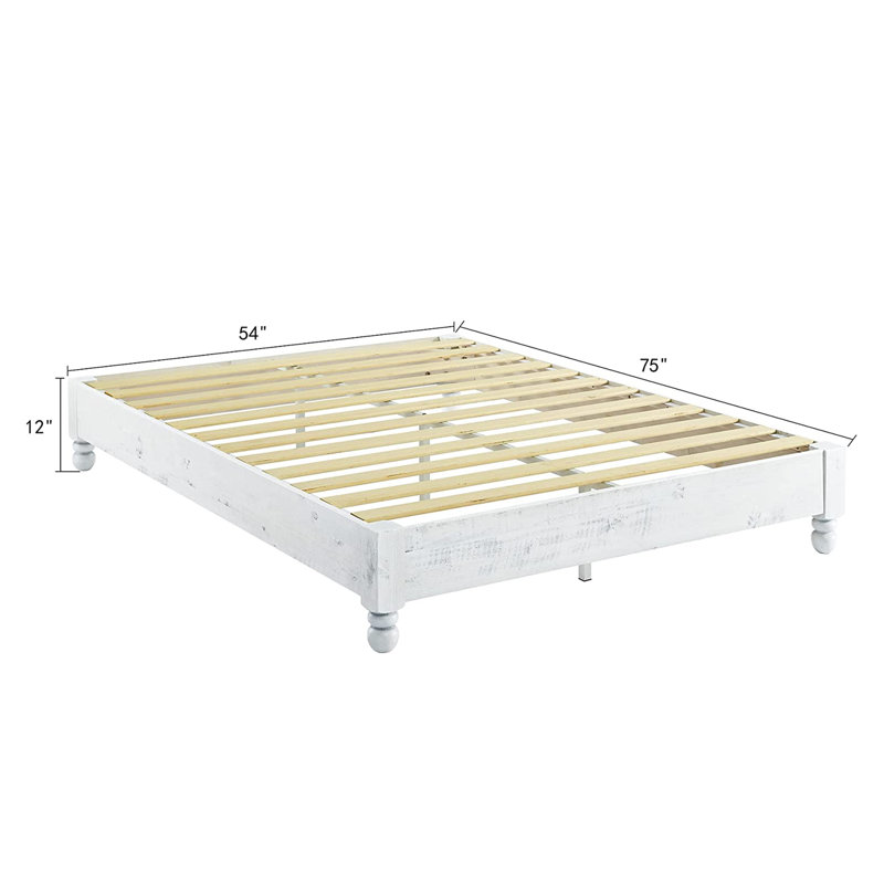 King-Sized Whitewashed Pine Wood Rustic Platform Bed with Upholstered Headboard