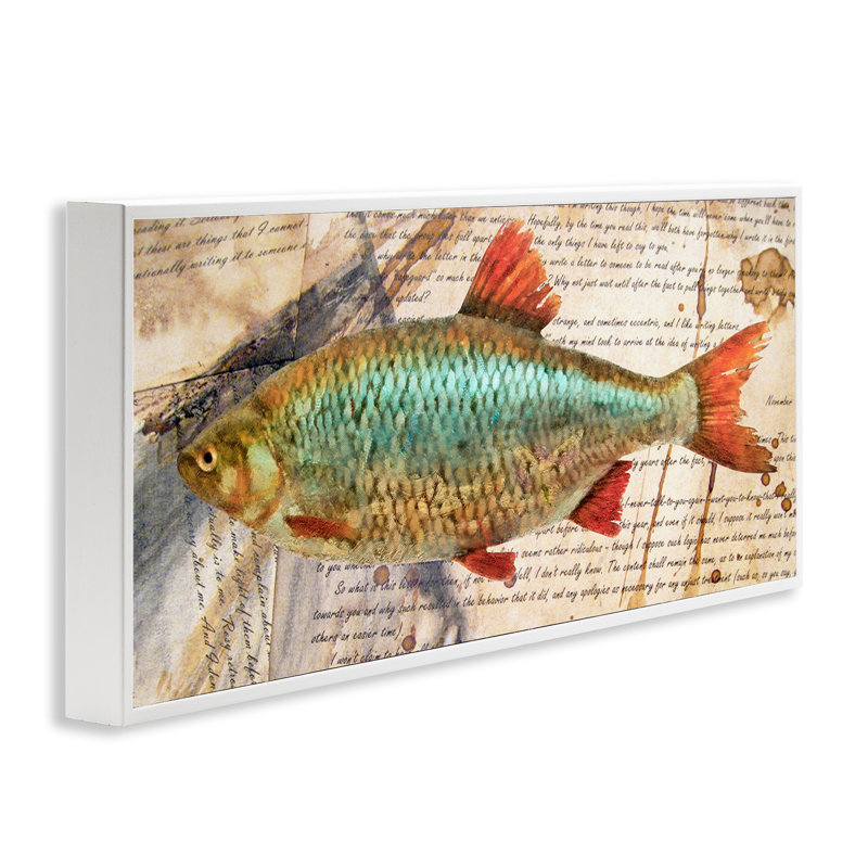 Vintage Pages & Fish Framed Giclee Art by Alonzo Saunders, Coastal White Framed Giclee, 13" H x 30" W