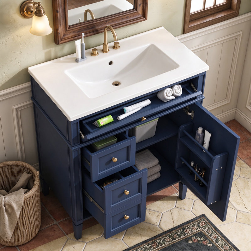 30'' Freestanding Single Sink Bathroom Vanity with Ceramic Top, Blue