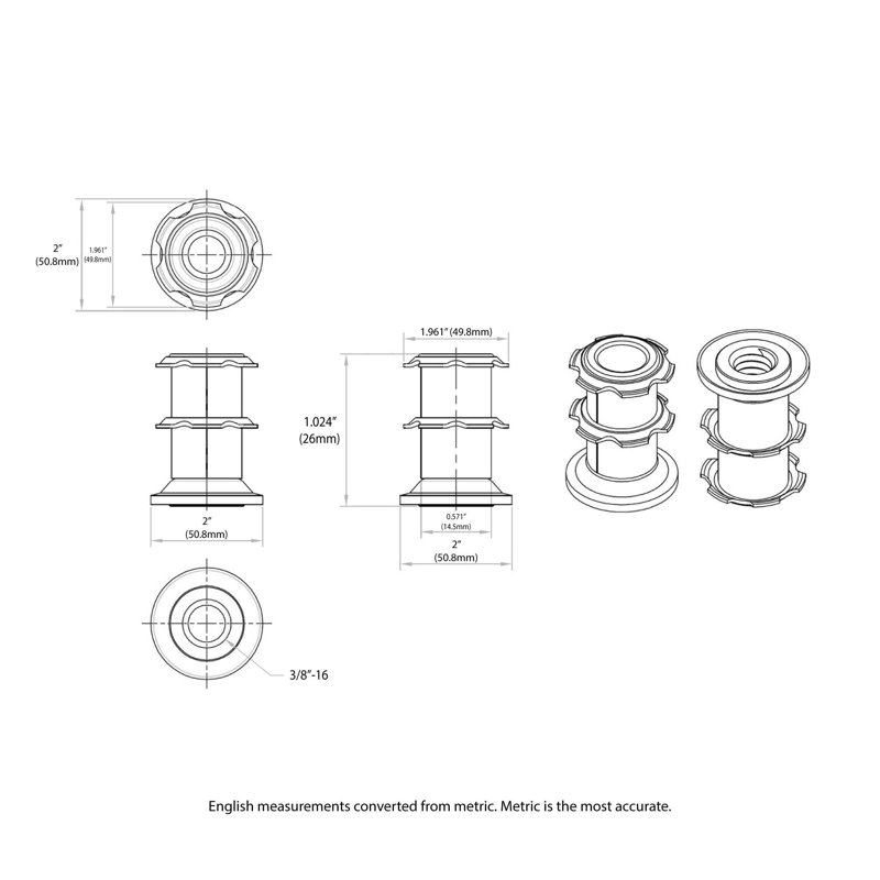 Insert de roulette à filetage étoile double Outwater Industries | Acier traité à la chaleur | Convient à un tube rond de 2 pouces de calibre 16 à 18 | FILETAGE: 3 / 8-16 | Paquet de 20