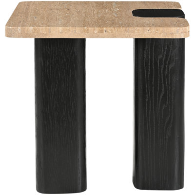 Jaeyon Genuine Travertine Top And Wood Base End Side Table