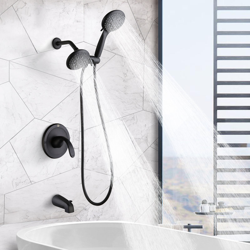 Robinet de baignoire et douche avec pomme de douche double, Noir mat
