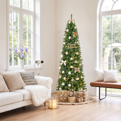 8FT Pre-Lit Pencil Christmas Tree, 1250 Tips Artificial Slim Xmas Tree with 410 LED Lights, Warm White & Multicolor Glow, Metal Stand for Home, Apartment, Office Holiday Decor