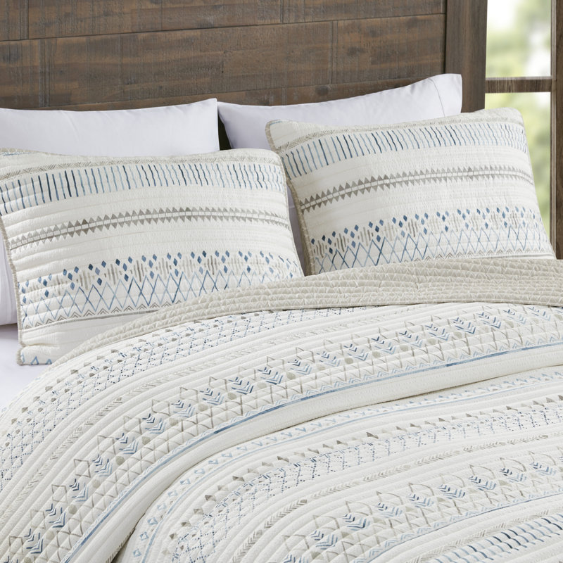 Fraser Printed Seersucker 3-Piece Full/Queen Quilt Set, Full/Queen Coverlet + 2 Standard Shams, Taupe/Blue