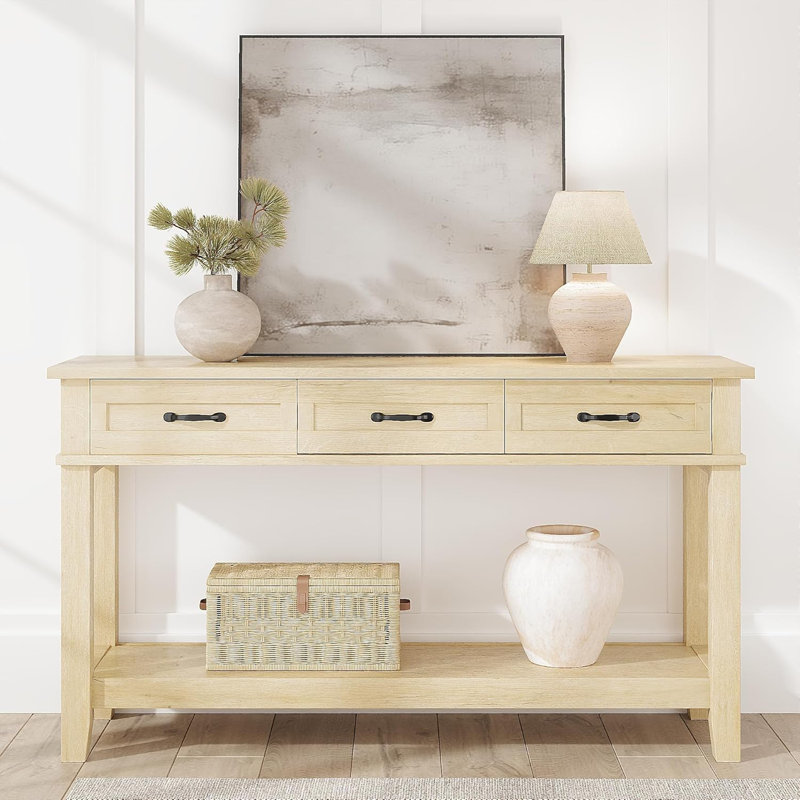 Console de table et de couloir Farmhouse, 3 tiroirs et 2 niveaux de rangement, Brun, Brun