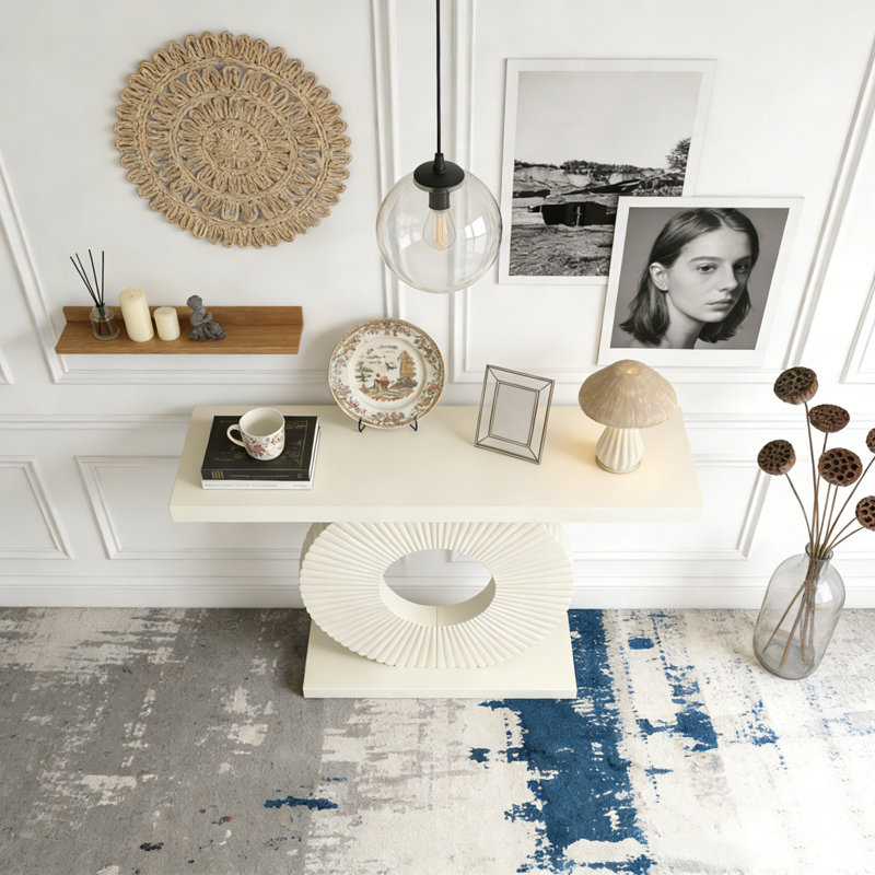 Modern Wood Sofa Table with Geometric Base, White