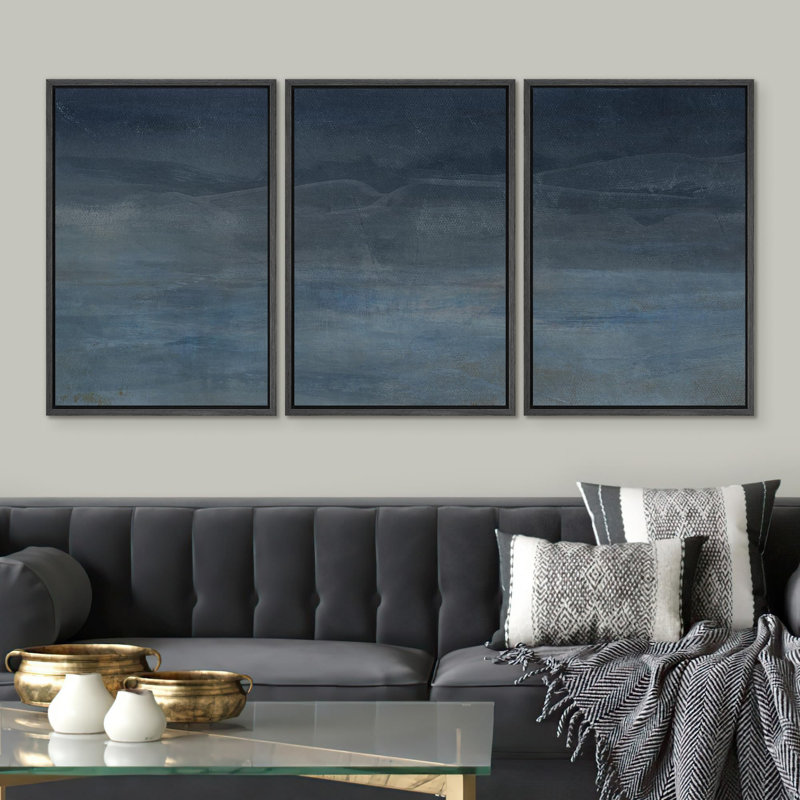 "Abstrait bleu, paysage, moderne, minimaliste, bleu marine, gris, nature, désert, moderne, froid" - 3 pièces, Noir