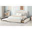 Grand lit plateforme tapissier avec lit gigogne simple et deux tiroirs, beige