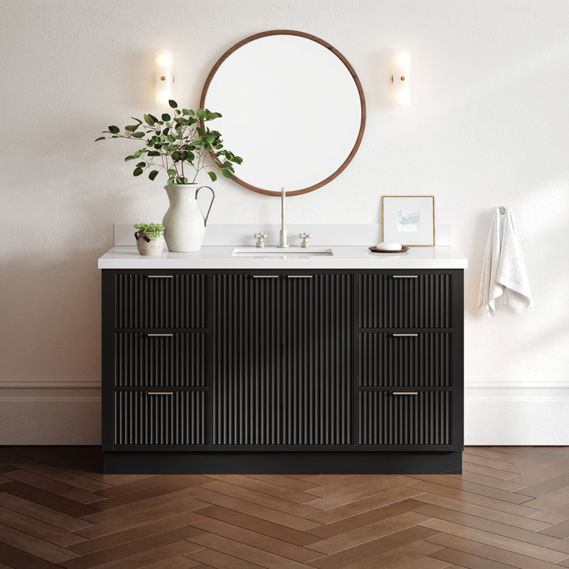 Meuble-lavabo simple en bois massif avec plateau en quartz 1,5 po Haun, Rectangulaire, Noir, noir, noir, noir, 61"
