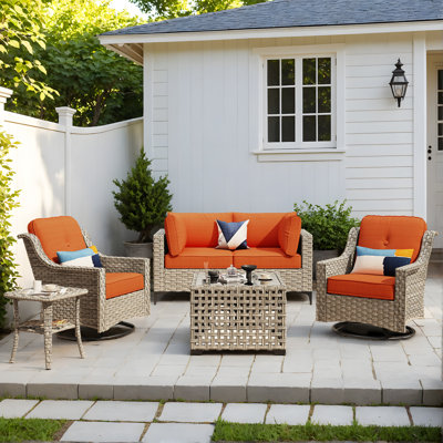 Demariea Outdoor Wicker 4 Person Seating Group With Cushions With Swivel Rocking Chairs