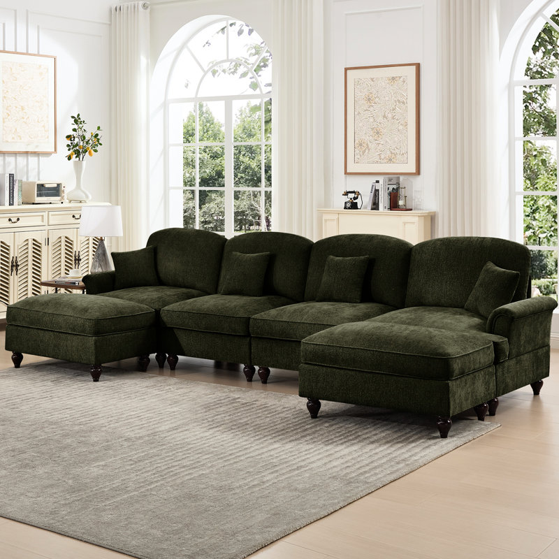 Canapé modulaire 4 places en chenille, avec dossiers en forme de fleur, accoudoirs évasés, jupes plissées à volants et pieds fuselés, nuage confortable avec repose-pieds en forme de U classique