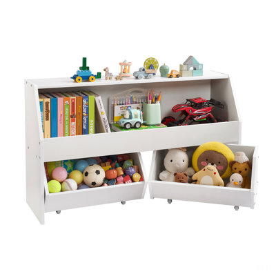 Toy Storage Organizer, Wooden Kids Bookshelf With Storage, Toy Storage Cabinet With 2 Mobile Drawers, Kids Storage Organizer For Bedroom, Nursery, Liv