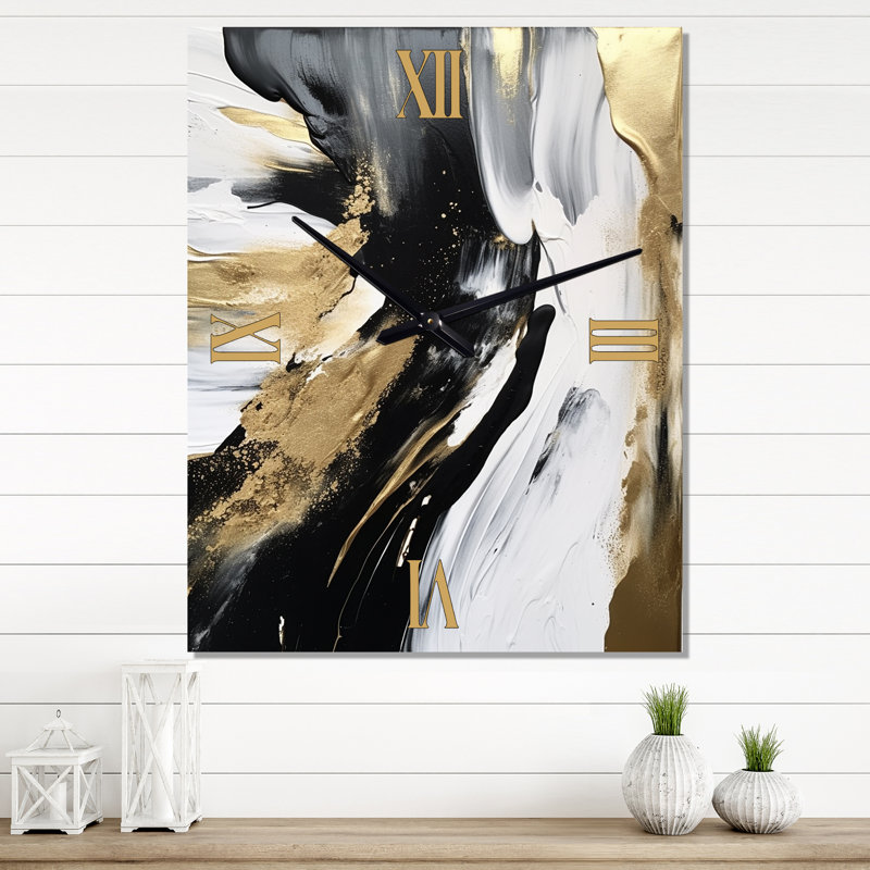 Minimal Joy en noir et or VII - Peinture abstraite très grandes horloges murales, H 28 po x l 12 po x P 1 po