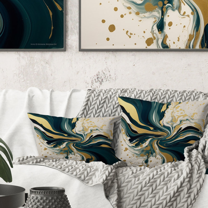 Coussin décoratif bleu foncé et doré à motif de fractales XX
