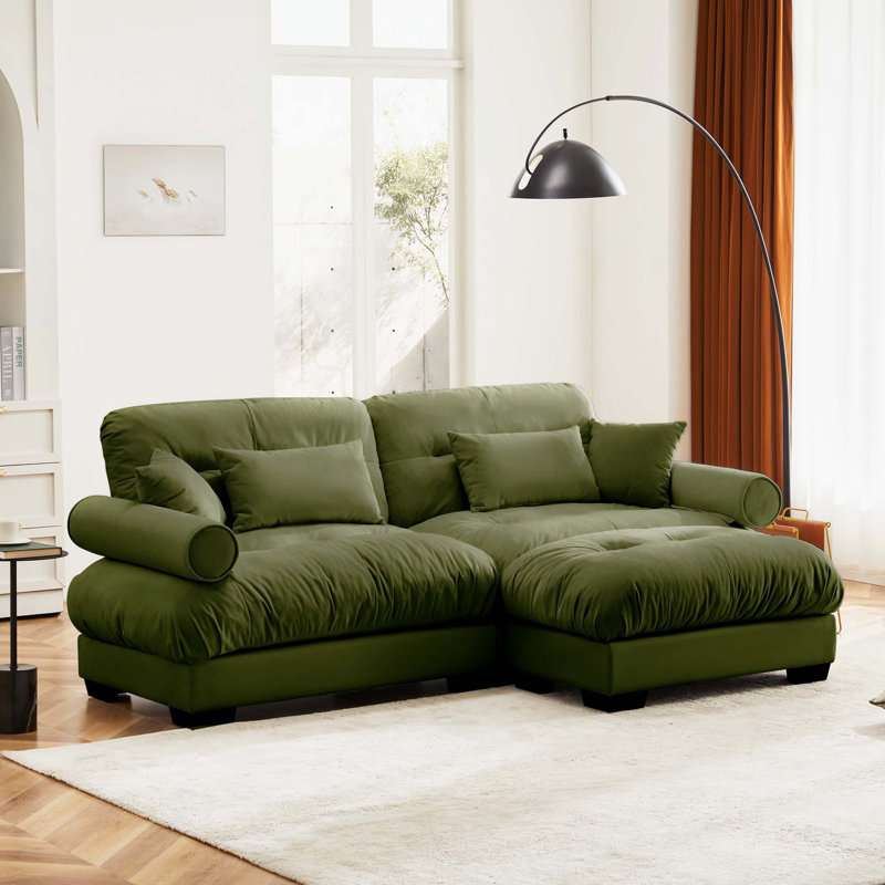 Canapé à deux places en velours rond avec accoudoirs et repose-pieds, Olive Green