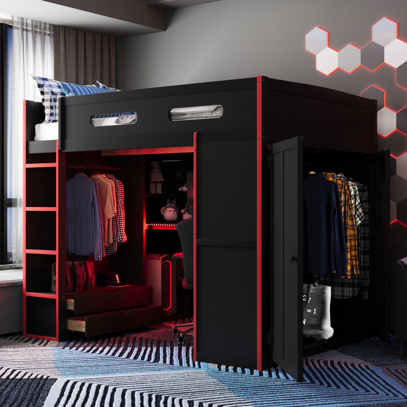 Lit double avec lit mezzanine, bureau, trous pour câbles, et pour une expérience de jeu, Black/Red