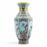 Hexagonal Blue Bird Garden Porcelain Vase