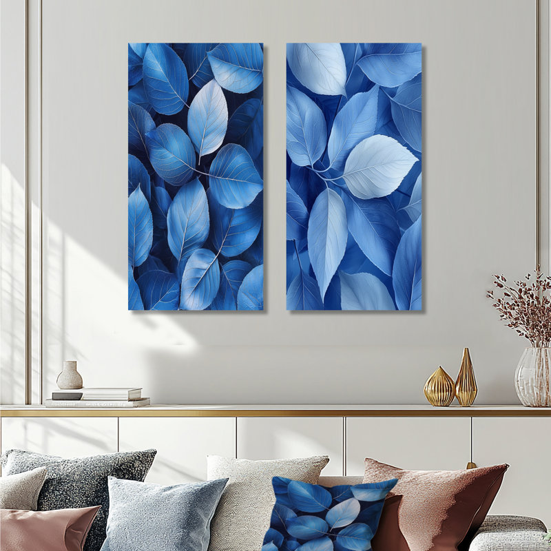 Pervenche feuilles de bleu simplicité I - art mural floral 2 panneaux, H 28 po x l 25 po, Toile tendue
