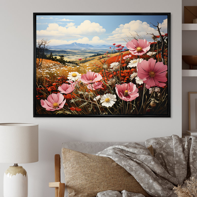 «Pink Crimson Flower Meadow Field X», reproduction sur toile, Cadre flottant noir, H 16 po x l 32 po