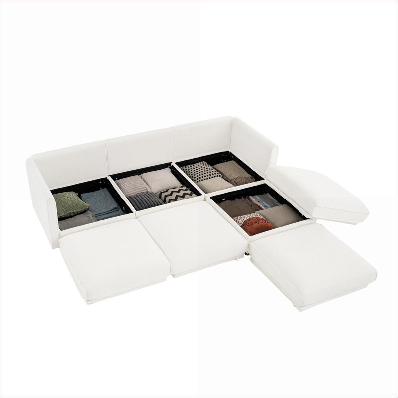 Canapés modulaires | Ensemble de salon contemporain en L à 3 places avec siège de rangement et repose-pieds | Blanc / chenille