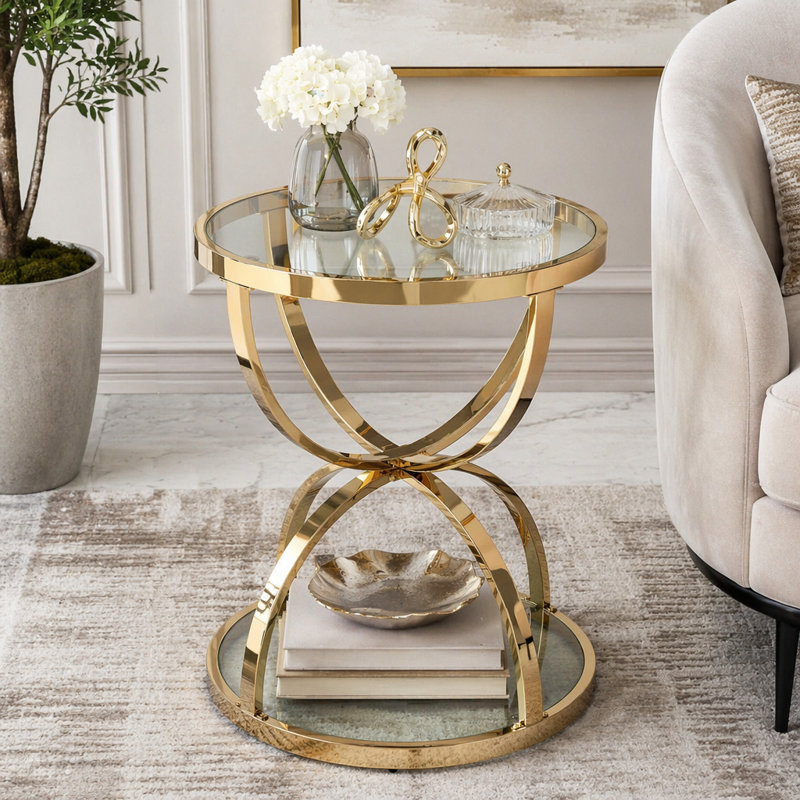 Table d'appoint moderne en verre 19,69 po avec 2 niveaux, Gold