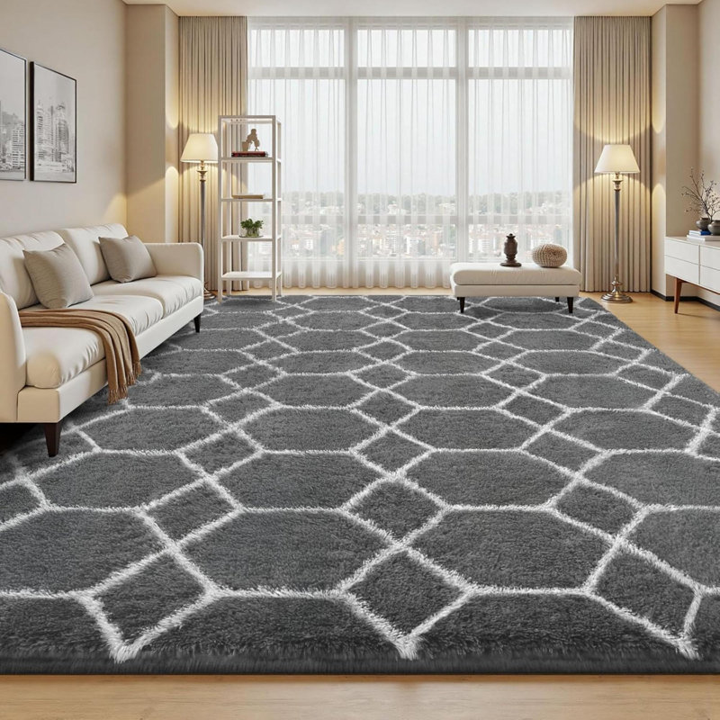 Rectangle Shaggy Washable Area Rug, Grey;White, Rectangle 140 x 200 cm
