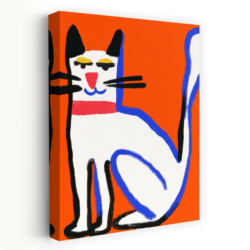 Playful White Cat Abstract Contemporary Cat Wall Art Print 1 Piece Wrapped Canvas Wall Art, 152.4cm H x 101.6cm W