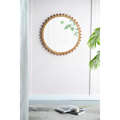 Miroir rond à cadre perlé pour salon, chambre à coucher, décor en bois et maison texturée