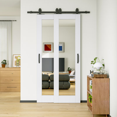 28 x 80 Bypass Barn Door-White Primed 1-Lite Mirror Glass Sliding Double Barn Doors With Installation Hardware Kit/No Assembly Required