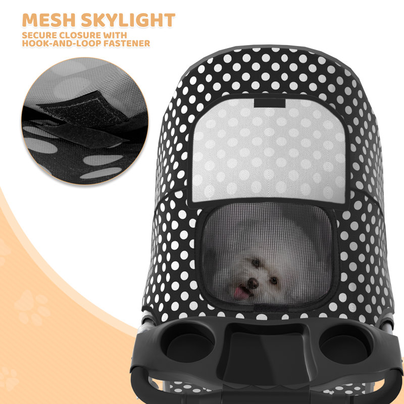 Black and White Polka Dot Foldable Dog Stroller with Storage