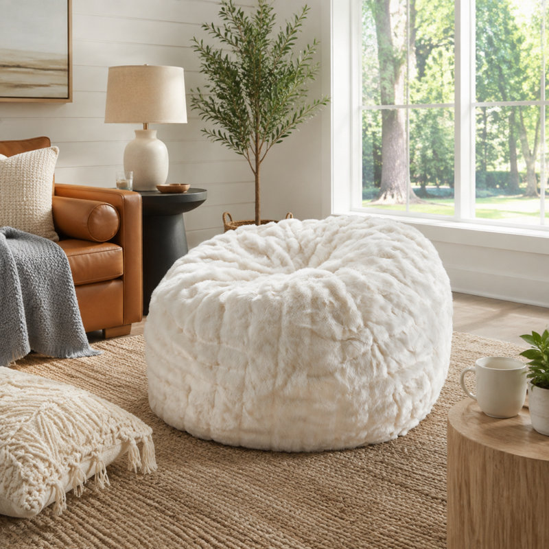 Pouf Amori moderne de 90 cm en fausse fourrure blanche