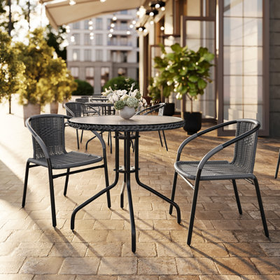 28'' Round Metal Table with Rattan Edging and 2 Rattan Stack Chairs