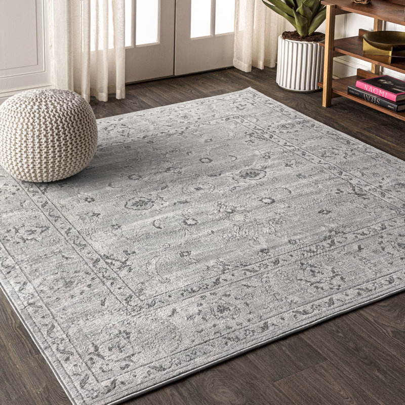 Tapis persan gris pâle rétro moderne Laxton, Carré 5 pi