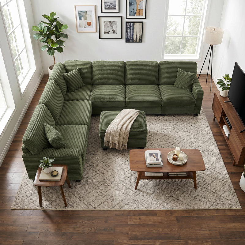 Canapé modulaire en U 125,2 po Corduroy, Velours côtelé vert