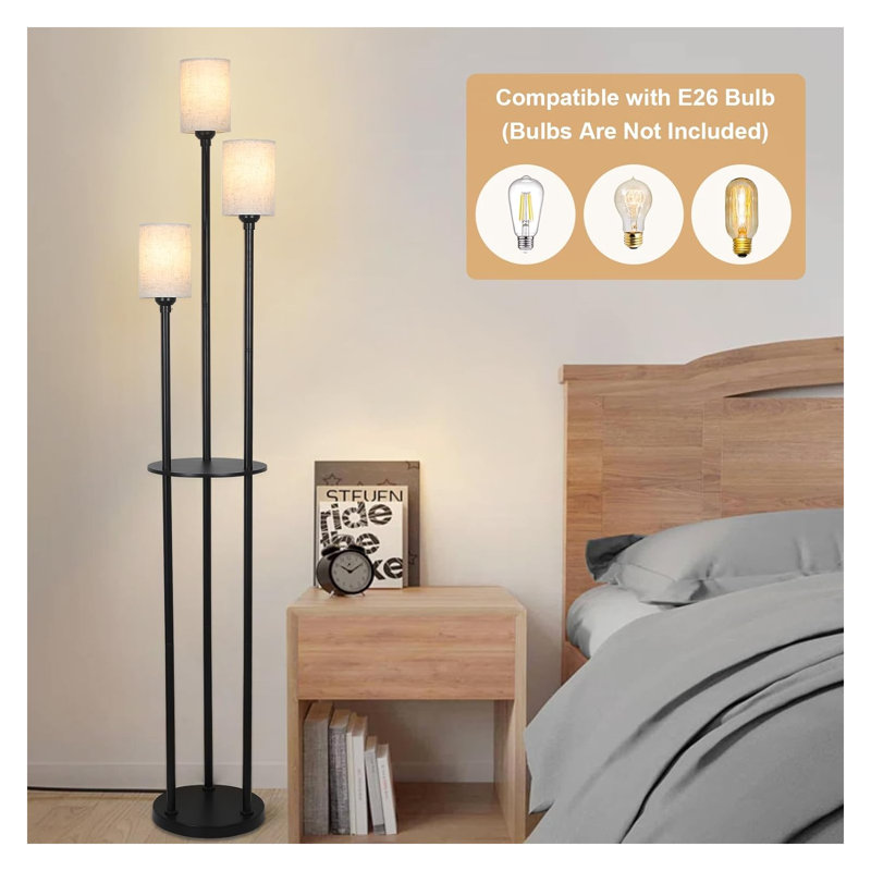 Modern Floor Lamp with Shelves - 3-Light Industrial Standing Lamp with Linen Shade & Foot Switch for Living Room, Bedroom & Office, Black Metal Design