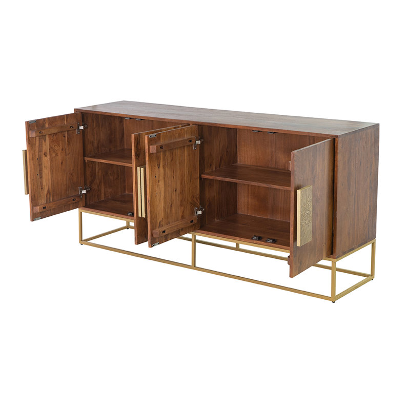 Buffet Aacia Home 64 po en bois d'acacia brun avec détails en laiton et base en fer doré, armoire de rangement traditionnelle à 4 portes, pour le salon, le vestibule ou la chambre à coucher